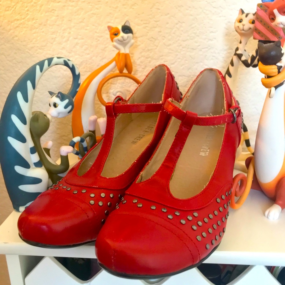 Chelsea Crew red studded t-strap heel